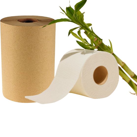 a brown paper towel roll placed along with a bamboo toilet paper roll