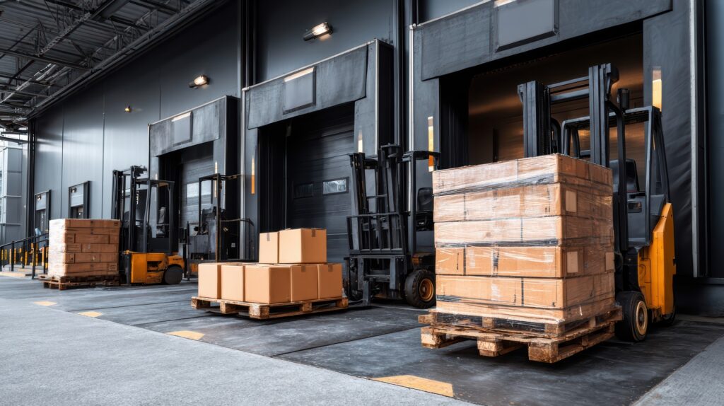 Warehouse storage racks filled with cardboard boxes and supplies